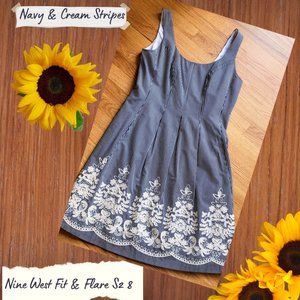 Nine West Fit & Flare Navy Stripe with Cream Filigree Crochet bottom dre…